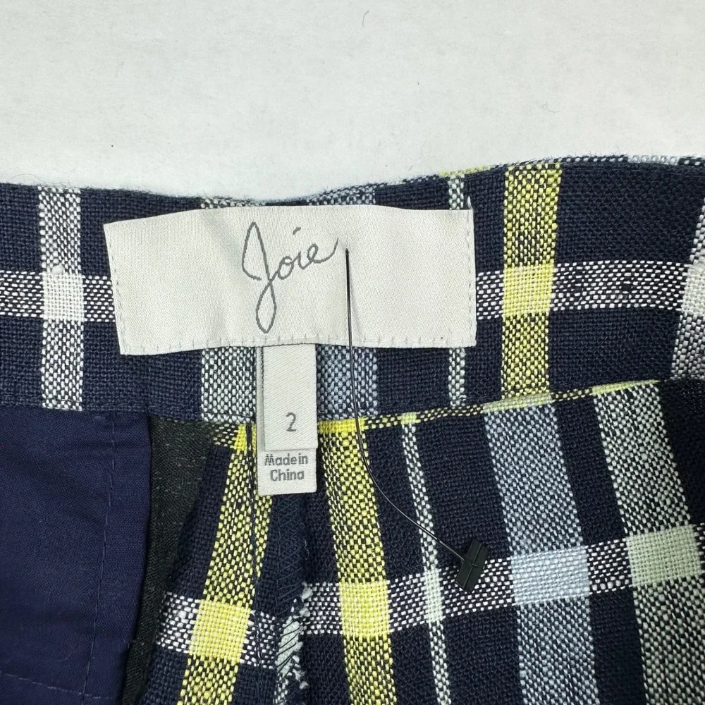 Joie Womens Plaid Linen Shorts Navy Blue Yellow Check Size 2 1926-6493